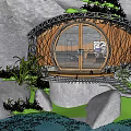 Round Wooden B&B Building With Large Windows Surrounded By Natural Stone Greenery Water And Steps