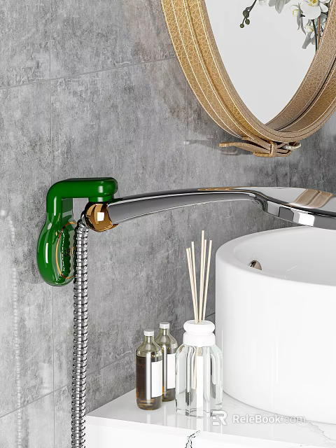 Sleek Modern Bathroom Vanity Cabinet With Green Chrome Faucet Round Mirror And White Basin 3d model 