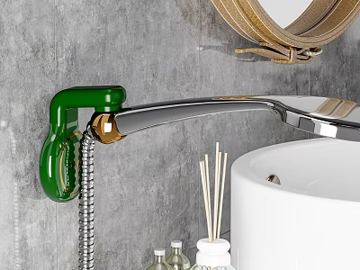 Sleek Modern Bathroom Vanity Cabinet With Green Chrome Faucet Round Mirror And White Basin 3d model