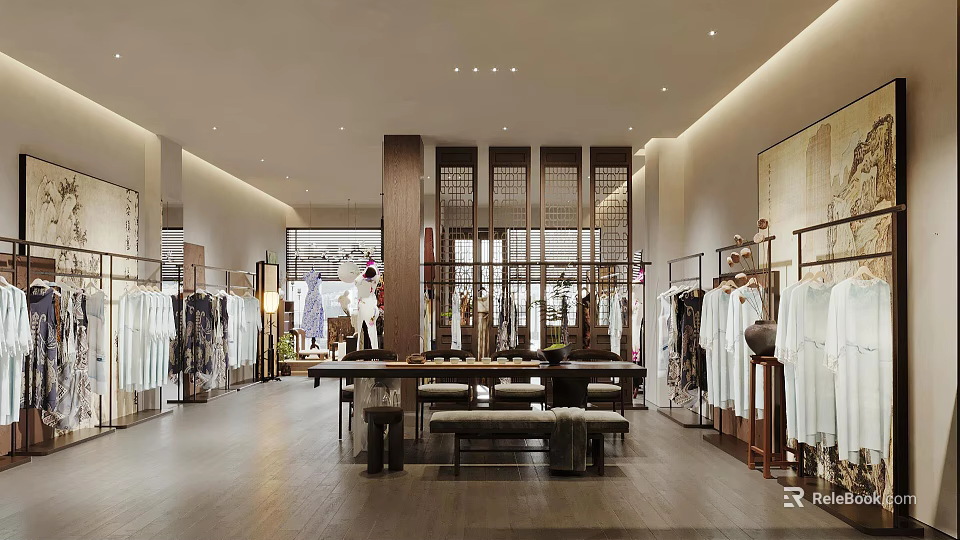 Modern Clothing Store Interior With Fashion Displays And Hanging Apparel 3d model 