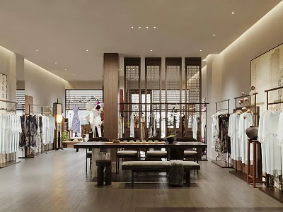 Modern Clothing Store Interior With Fashion Displays And Hanging Apparel 3d model