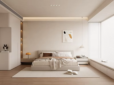 Modern Bedroom Interior Design With Cozy Bed Wall Art Window And Soft Lighting 3d model