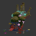 Unique Stacked Building with Green Domes Chimneys Small Houses Pipe Structures and Claw like Supports