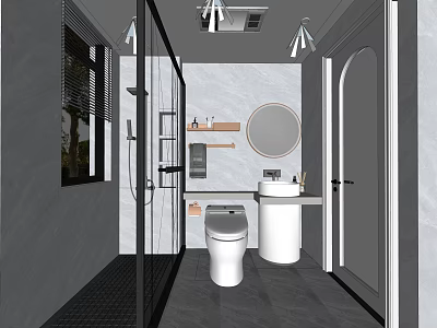 Modern Bathroom Interior Design With Black Framed Shower Round Mirror White Vanity And Gray Tiles 3d model
