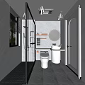 Modern Bathroom Interior Design With Black Framed Shower Round Mirror White Vanity And Gray Tiles