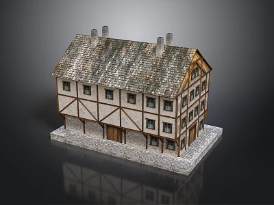 Traditional Timber Framed House With Sloped Tiled Roof Chimneys Multiple Windows And Stone Base 3d model