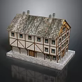 Traditional Timber Framed House With Sloped Tiled Roof Chimneys Multiple Windows And Stone Base