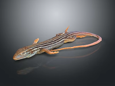 Striped Lizard with Orange Brown Body on Smooth Black Surface and Long Tail 3d model