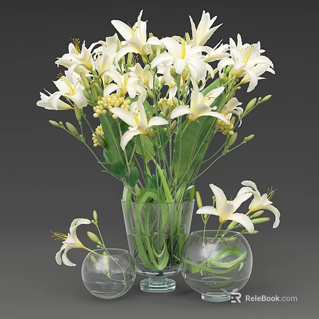 White Lilies Arrangement In Transparent Glass Vase With Spherical Parts And Scattered Leaves 3d model 