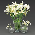 White Lilies Arrangement In Transparent Glass Vase With Spherical Parts And Scattered Leaves
