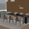 Modern Dining Table With Marble Surface Beige Chairs And Wooden Cabinets Near Window