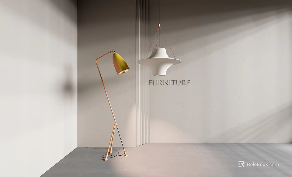 Modern Pendant Light With Yellow Shade Floor Lamp And Gray Wall Interior 3d model 