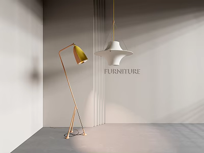 Modern Pendant Light With Yellow Shade Floor Lamp And Gray Wall Interior 3d model