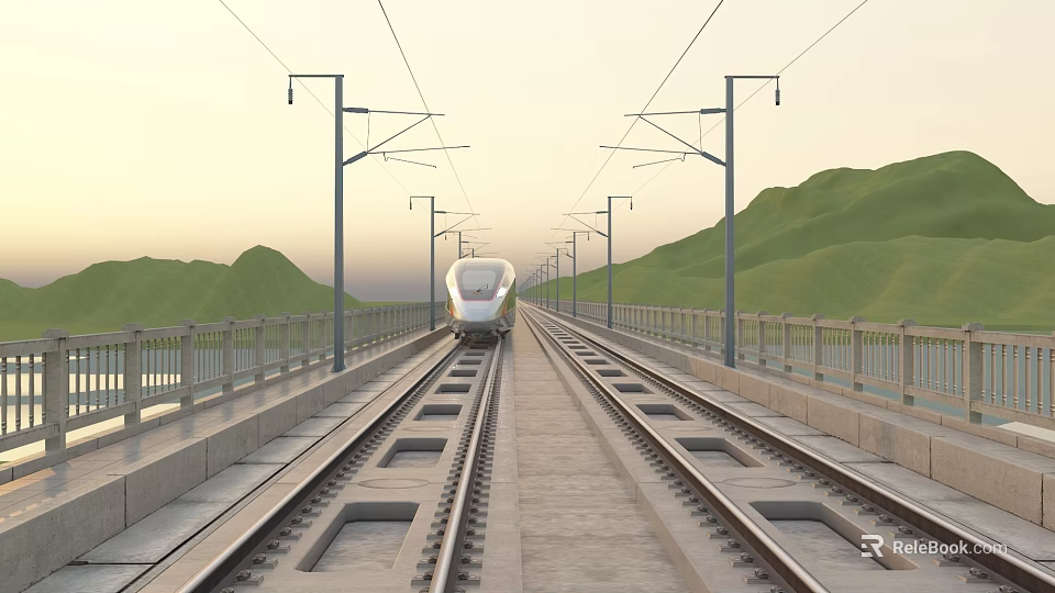 High Speed Train Traveling On Railway Tracks Over Bridge With Green Mountains And Sunset Sky 3d model 