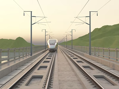 High Speed Train Traveling On Railway Tracks Over Bridge With Green Mountains And Sunset Sky 3d model