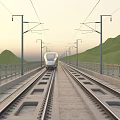 High Speed Train Traveling On Railway Tracks Over Bridge With Green Mountains And Sunset Sky