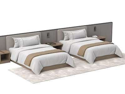 Single Beds With Gray Headboard Nightstands White Bed Sheets Beige Runners And Light Colored Rug 3d model
