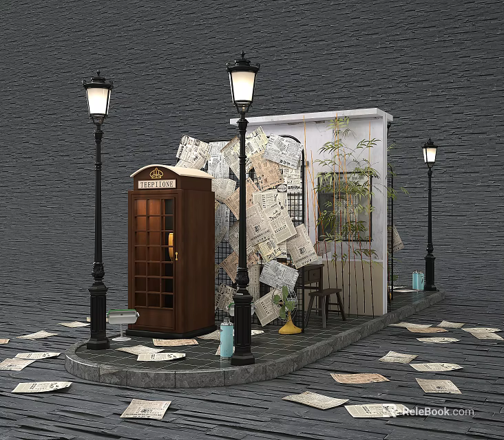 Charming Photo Spot with Vintage Telephone Booth Street Lamps Newspaper Decorations and Brick Wall 3d model 