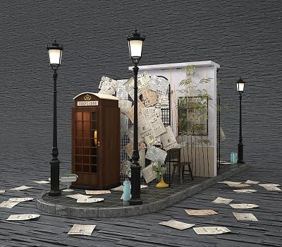 Charming Photo Spot with Vintage Telephone Booth Street Lamps Newspaper Decorations and Brick Wall 3d model