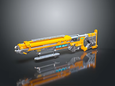 Yellow Futuristic Weapon with Silver Accents Complex Structure Multiple Components on Smooth Surface with Reflection 3d model