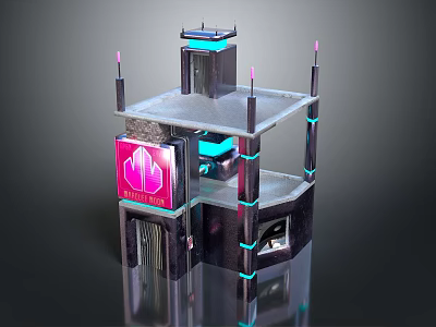 Cartoon Scenery Featuring Multi layered Building Pink Logo Blue Lights And Black Gray Structure 3d model