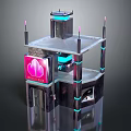Cartoon Scenery Featuring Multi layered Building Pink Logo Blue Lights And Black Gray Structure