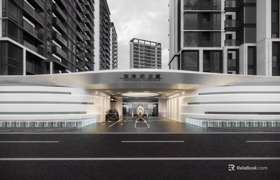 Modern Entrance Gate With Curved Roof Illuminated Lighting And Parked Cars Near High Rise Buildings 3d model 