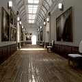 Spacious Elevator Hallway Interior Design With Arched Ceiling Wooden Floor And Paintings