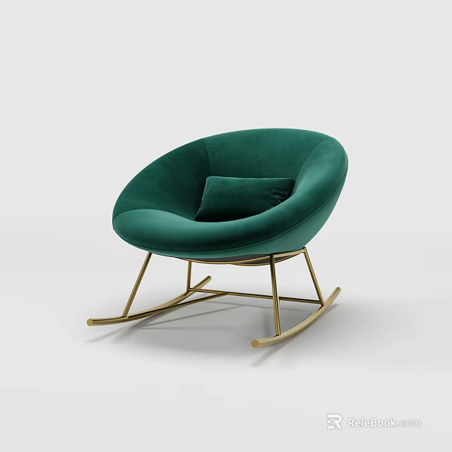 Emerald Green Velvet Rocking Leisure Chair With Pillow And Golden Metal Frame 3d model 