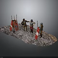Men wearing medieval costumes holding flags with armored man on snowy gravel ground