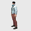 Man Wearing White Lab Coat With ID Badge Blue Sweater Brown Pants And Black Shoes