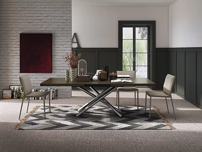 Modern Restaurant Interior Design With Brick Wall Dining Table Chairs Red Painting And Area Rug 3d model