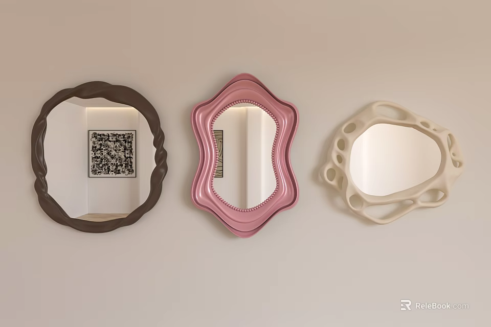 Three Decorative Mirrors Wall Mounted With Brown Pink Beige Frames in Round Scalloped Hollow Designs 3d model 