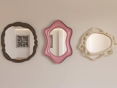 Three Decorative Mirrors Wall Mounted With Brown Pink Beige Frames in Round Scalloped Hollow Designs 3d model
