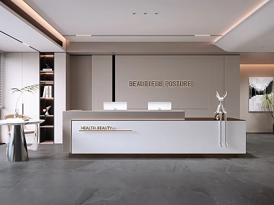 Modern Reception Desk For Beautiful Residence With Elegant Wall Backdrop And Decorative Plants 3d model