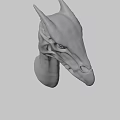 Game Fantasy Character Black Dragon Head With Glowing Eyes Horns And Scaly Texture