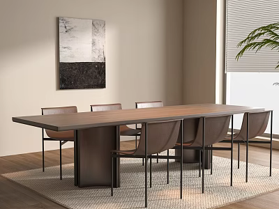 Modern Wooden Dining Table With Six Chairs Wall Art Painting And Window Plant 3d model