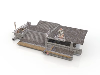 Stone Building Structure Featuring Outdoor Staircase Railing And Lighthouse Platform Design 3d model