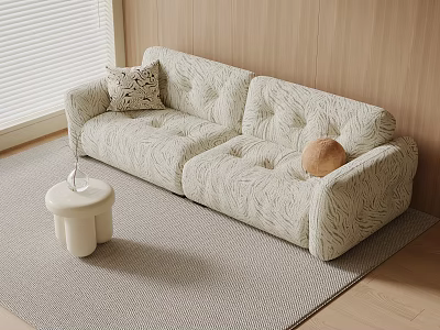 Two Seater Sofa With Textured Fabric Decorative Pillows Small Stool And Soft Rug 3d model