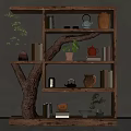 Tree Shaped Decorative Cabinet with Books Teapots Pots and Potted Plants