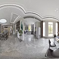 Modern Dining and Living Room Interior With Dining Table Chairs Kitchen Area And Decorative Plants