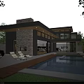 Modern Single Family House Exterior With Swimming Pool Wooden Deck And Stone Wall