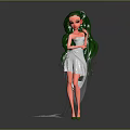 Game Movie Character With Green Long Hair White Dress Flowing Ribbon And Green High Heels