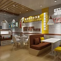 Bright Dessert Shop Front With Glass Door Display Cases Tables And Yellow Chairs Interior