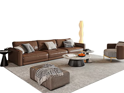 Modern Brown Leather Sofa Coffee Table Set With Pillows Ottoman Rug And Floor Lamp 3d model