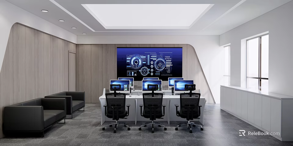 Monitoring Room Interior With Large Screen Data Charts Multiple Computer Monitors And Office Furniture 3d model 