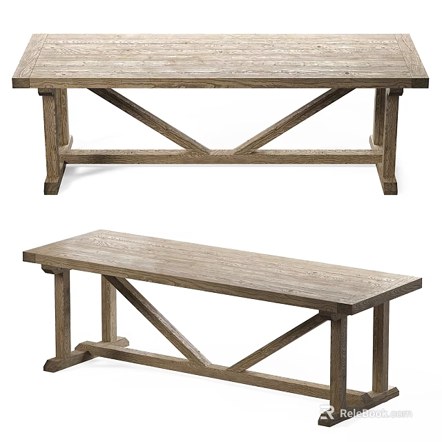 Wooden Dining Table With X Shaped Legs And Matching Rustic Wooden Bench 3d model 