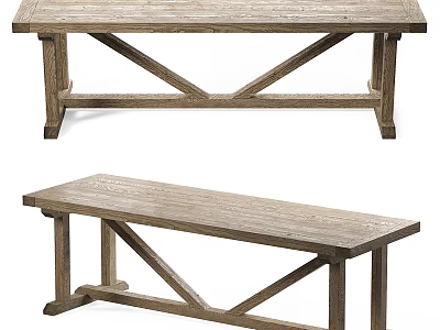 Wooden Dining Table With X Shaped Legs And Matching Rustic Wooden Bench 3d model