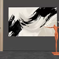 Black White Wavy Abstract Painting On Gray Wall With Orange Sculpture Circular Lights Wooden Door