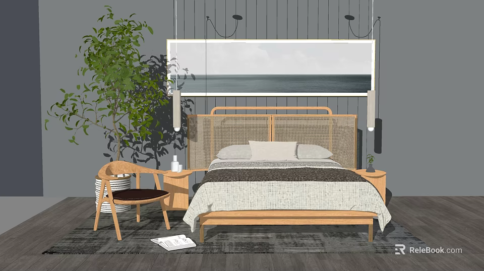 Wooden Double Bed With Seascape Painting Hanging Lights And Green Plant Decor 3d model 